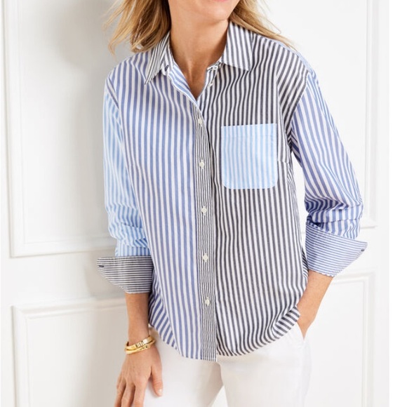 Talbots Tops - Talbots Boyfriend Shirt - Blue & Gray Poplin Button Down - Mixed Stripe L